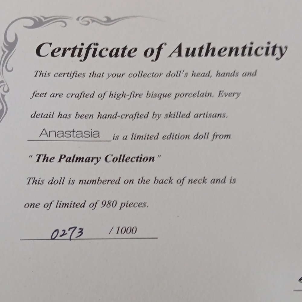Anastasia: Porcelain Doll. Mint Condition. New In Box w/COA. Limited Edition. - Picture 8 of 9